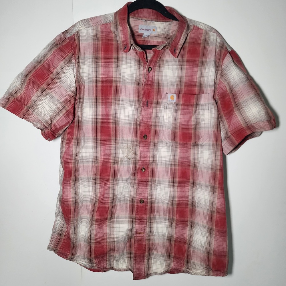 Carhartt Shirt Mens L Red Plaid Fair Distressed Relaxed Fit Mechanic Workwear